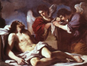 Guercino: Cristo morto compianto dagli angeli, tecnica a olio su rame, 36,8 x 44,4 cm, intorno al 1617, National Gallery, Londra.